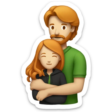 Couple hugging, tall ginger man with a mustache and a green hoodie, hugging tan girl with long black hair  sticker