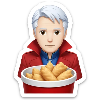 Dante and Vergil from Devil May Cry sitting together in a KFC family bucket, Dante in red coat, Vergil in blue coat, both with white hair sticker