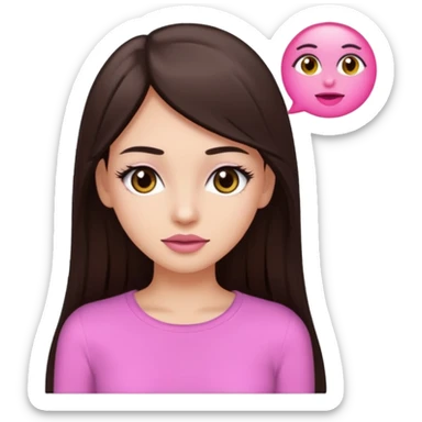 A young woman with long straight dark bown hair, big brown eyes, long eyelashes, pink lips, wearing a plain white top, in emoji style sticker