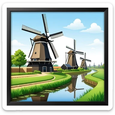 cinematic-realistic-kinderdijk-windmills-landmark-emoji,-showcasing-traditional-dutch-windmills-aligned-along-a-tranquil-canal,-with-lush-green-fields in a picture frame sticker