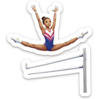 Professional gymnast performing a complex routine on parallel bars, demonstrating strength, control, and perfect balance. The gymnast is mid-air, executing a powerful move with focused concentration. The background shows a brightly lit gymnasium with a cheering audience. sticker