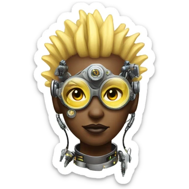 Light yellow Mohawk hair female cyborg head, dark skin, steampunk goggles and circuits sticker