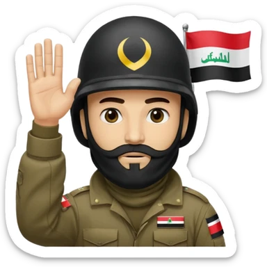 surrenders, depicts an Iraqi soldier from 1980, with a beard, in a helmet, a helmet with sign flag Iraq, with a balaclava, with sad eyes and both hands raised up sticker