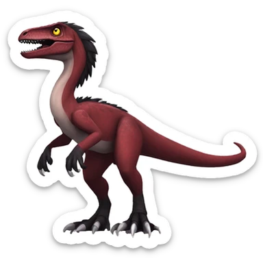 Cool edgy handsome Maroon-colored velociraptor with a black tousled mane on head and back, full body sticker