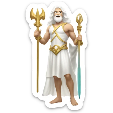 white man Poseidon with gold Trident. long white hair white dress.  with tools sticker