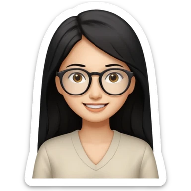 medium tan asian woman with long black hair past middle of back, round brown eyes, white v neck blouse. she has black thick frame rectangle shape glasses on and smiling with no teeth sticker