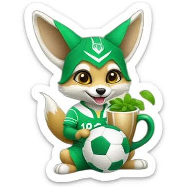 Algerian fennec wearing algerian football kit holding cup of mint tea sticker