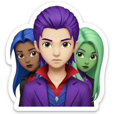 Solo poly platonic relationship, one African girl, one Asian boy, one biracial features Asian tomboy girl rat-tail hair long and upper masculine hair 90s, vampire and marvel cosplay elements inspired  use marvel race, like instead of obvious human, green purple blue etc,  sticker