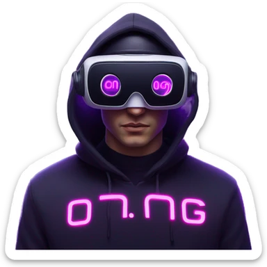 Russian man wearing a black hoodie with "OMG" letters on it and VR headset in a cyberpunk VR environment with violet neon lighting. sticker
