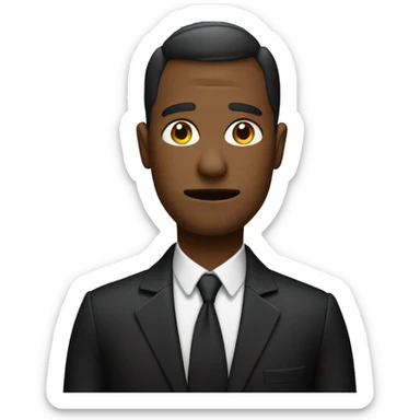 a realtor in a black suir with a sad face sticker