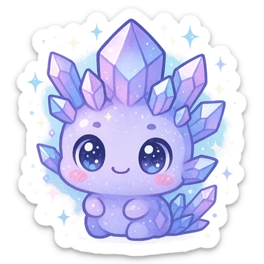 kawaii chibi style crystal sprite creature, purple, blue, and pink, cute and magical, sparkling eyes, adorable face, magical aura, pastel colors, big eyes, shiny crystals sticker