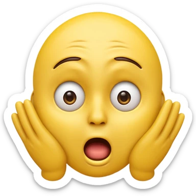 A 3D glossy yellow emoji of a shocked horrified face, with mouth and eyes are wide open, eyebrows  raised, and hands against their cheeks, face has no nose, black background, high quality, soft studio lighting sticker