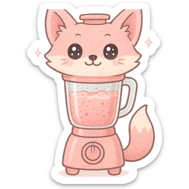 full-body pastel pink fox shaped like a blender with transparent body showing a fruity smoothie inside, sparkling eyes, transparent background sticker