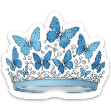 butterfly crown with a soft blue base, butterflies in light and dark blue enamel, sparkling gems sticker