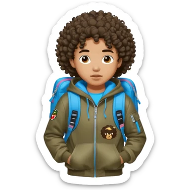 blasian teenager with curly hair, andbape hoodie and sprayground backpack sticker