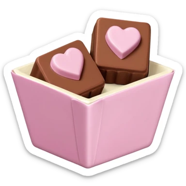 Two square milk chocolate pralines, Each praline is a sharp-edged cube with smooth glossy chocolate coating, placed in a small white fluted paper candy cup. On top of each cube is a flat pastel pink heart-shaped icing sticker