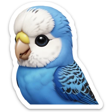 cinematic-cute-blue-budgie-portrait-emoji,-head-tilted-playfully-and-inquisitively,-featuring-a-brilliant-blue-feathered-fur-and white and black feathered face-with-a-natural-sheen,-round,-sparkling-dark-eyes-filled-with-curiosity,-simplified-yet-irresistibly-adorable sticker