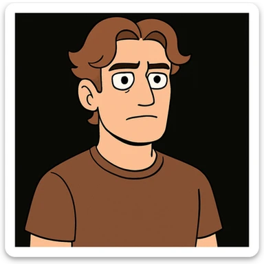 male character with wavy hair parted in the middle, brown eyes, firm straight jaw, slightly medium nose, wearing a brown t-shirt on a black background sticker
