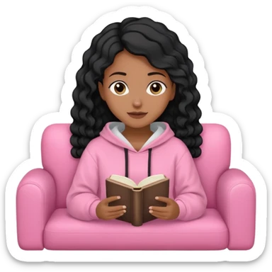 Una chica linda de cabello negro con ondas hasta los hombros de piel blanca con una sudadera rosa en un sofá cómodo y hermoso leyendo la biblia sticker