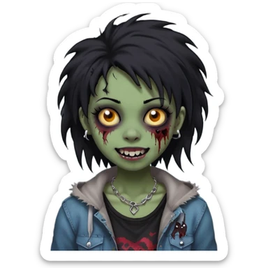 girl, zombie, black coily hair, medium long, emo, shaggy, dark, spooky,double eyebrow dermal piercing, cute illuminous smile sticker