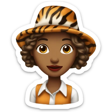 woman with brown long hair and tiger hat, red lips sticker