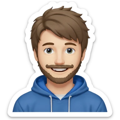 20 year old man, short scruffy beard and thin moustache, brown puffy mullet, blue eyes, big smile, white teeth, big lips, pronounced jaw, hair longer in back, sticking up on top, thin face, grey hooded sweatshirt, pale skin, big smile, blue eyes, puffy hair that is long in back sticker