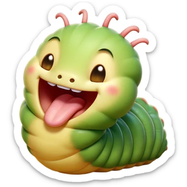 Cinematic Adorable Yawning Caterpillar Portrait Emoji, Head tilted slightly with a dramatic, wide-open yawn, showcasing a plump, segmented body with softly drooping edges and sleepy, half-closed eyes, Simplified yet irresistibly cute features, highly detailed, glowing with a soft, cozy natural glow, high shine, relaxed yet expressive, stylized with a dash of whimsical transformation charm, soft glowing outline, capturing the essence of a drowsy caterpillar that appears ready to stretch and yawn its way out of the screen! sticker
