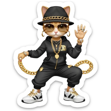female cat wearing Run DMC hip-hop outfit with tracksuit, fedora, Adidas sneakers, dark sunglasses, many gold chains, rings, bracelets, flashy earrings, upright pose sticker