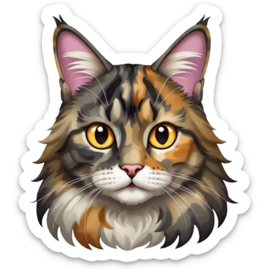 Maine coon black silver tortie et blanc avec une grosse tache noir sur un côté de la tête qui vient comme pour faire une moustache avec des couleurs assez vives  sticker