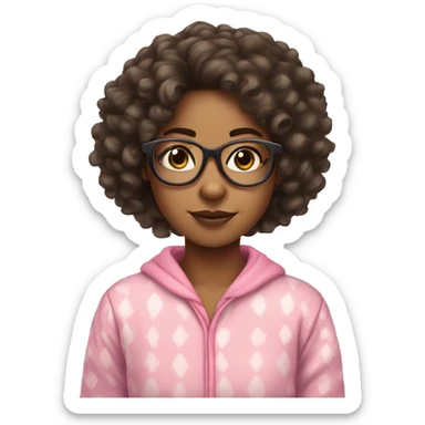 mixed girl with curly hair and glasses with fluffy pink pjs sticker