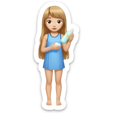 a girl with light skin and medium brown long hair with bangs who is applying lotion to her body show her whole body sticker