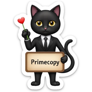 A black cat in a black business suit holds a sign with the inscription "PrimeCopy" in one paw sticker