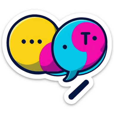 Minimalist sticker with white 'tt' letters on a black circle with cyan, magenta, and yellow dots below, speech bubble with street style influence sticker
