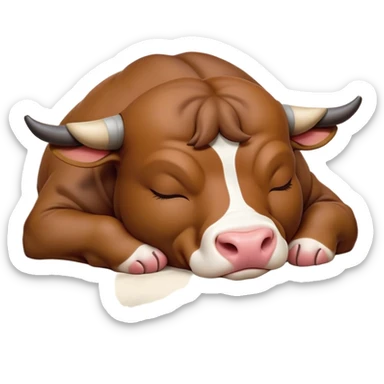 meme-worthy-cute-sleeping-domestic-bull-portrait-emoji,-head-resting-peacefully-with-a-contented-smile,-showcasing-a-robust,-muscular-build-and-a-luxuriously-soft-coat,-eyes-gently-closed-in-serene,-restful-slumber,-simplified,-solid-brown sticker