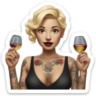 Blonde elegant women, her Body Covered with Tattoos, Wine in her ONE Hand, POINTING FORWARD with her OTHER HAND , Hyper realistic sticker
