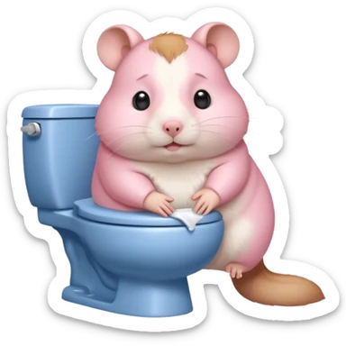 Cute chubby cartoon-style hamster sitting on toilet pooping looking as if he had an accident sticker