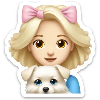 Blond girl white skin blue eyes hugging white Pomeranian with light pink bow sticker