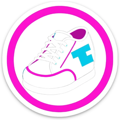 Minimalist sticker with white 'tt' letters on a black circle with cyan, magenta, and yellow dots below, sneaker with street style influence sticker