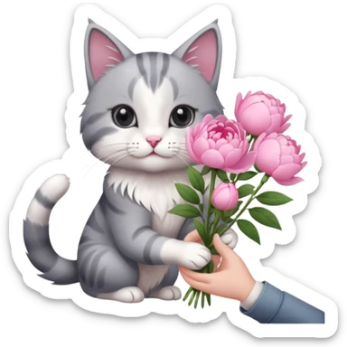 Cute cat Handing pink peonies like reaching a hand and handing them out a bouquet of them not a physical hand the cats hand  make the cat fluffy and grey and white  sticker