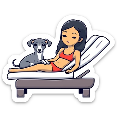 Very thin Chinese woman with long black hair relaxing on a spa lounger with exactly ONE Italian greyhound. CRITICAL REQUIREMENT: the dog must be ONE SOLID DARK CHARCOAL GREY COLOR from nose to tail with NO WHITE or LIGHT AREAS anywhere - NO white face, NO white muzzle, NO white chest, NO white paws, NO white tail tip - NOTHING BUT A SINGLE SHADE OF DARK GREY throughout the entire animal sticker
