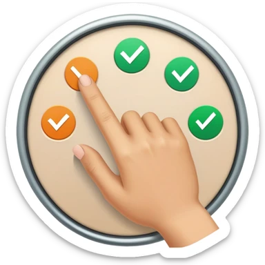 A cartoon hand with finger checking off a green checkbox inside a circular progress tracker that is partially filled, symbolizing completed tasks and progress visualization sticker