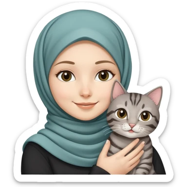 White girl wearing pretty hijab holding a black grey tabby cat while smiling sticker