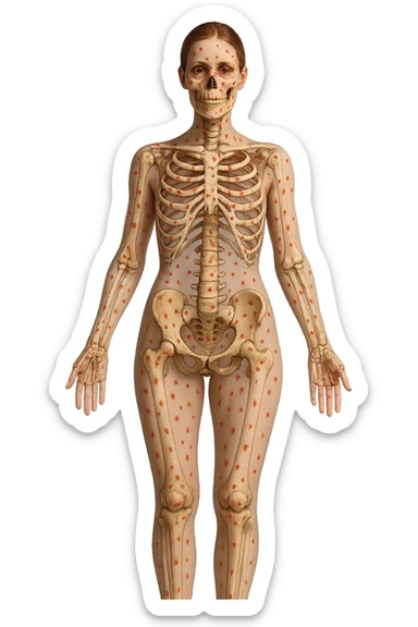 donna realistica a figura intera con red spot sparsi alle ossa, ossa visibili sul corpo, iperrealistico 4k sticker
