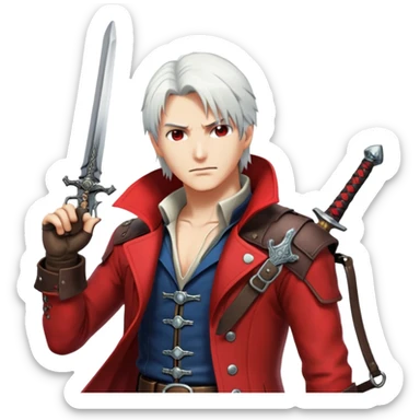 Dante from Devil May Cry with white hair, red coat, sword and pistols sticker