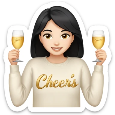 A woman with longer black hair, light to medium skin tone, full cheeks, and almond-shaped eyes, wearing a simple white sweater with the word 'cheers' in gold script, joyful and radiant expression, cheerful, emoji style, just her torso, no hands. sticker
