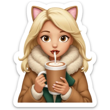 Tanned Girl with lashes , blonde hair, in an extremely big fluffy oversized coat and hold hot chocolate drink and big cat eyes, big lip sticker