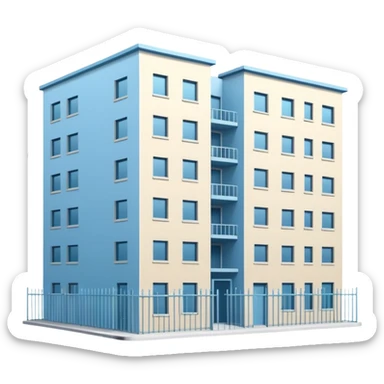 light blue rectangular 9-story apartment building surrounded by fence, closed courtyard, minimal flat vector icon, friendly clean design sticker