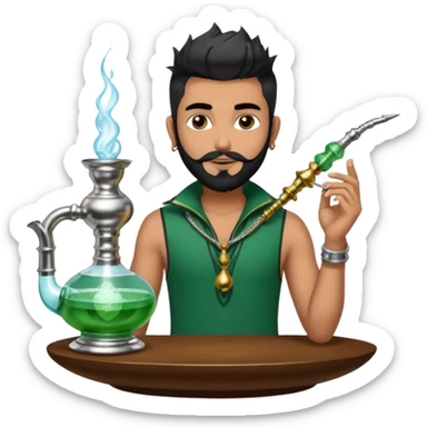 Brass hookah with green design on a glass water base on the top; with two smoke pipes where people are holding them and smoking - one white guy with spikes (silver and black hair) and another Tamil handsome with little beard Indian guy sticker