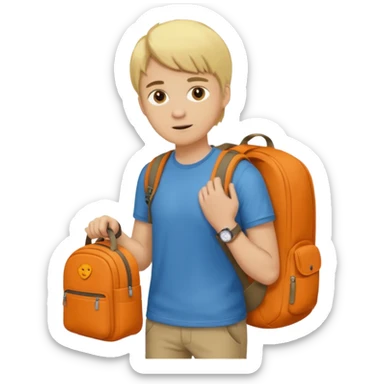 Un jeune homme blond qui regarde sa montre orange et un sac à dos en forme de terre  sticker