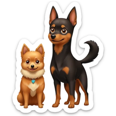 Doberman Pinscher and Pomeranian Spitz standing side by side. The Doberman has a sleek black and tan coat with alert ears, while the Pomeranian has a fluffy orange coat and a joyful expression. Beautiful natural background, with a clear blue sky and green grass. Transparent background. sticker